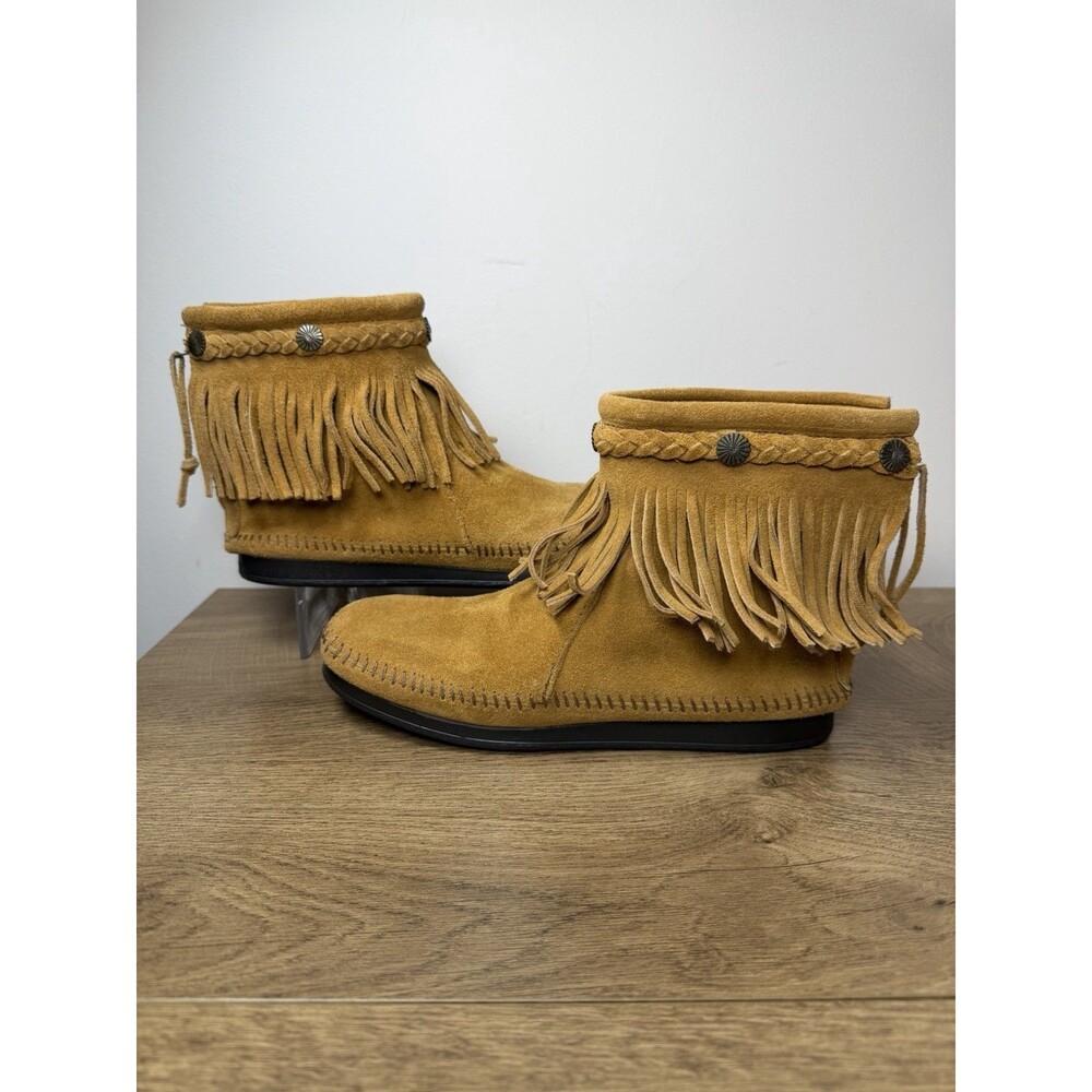 Minnetonka Brown Suede Zip Fringe Moccasin Ankle Boots Size 6.5 Western